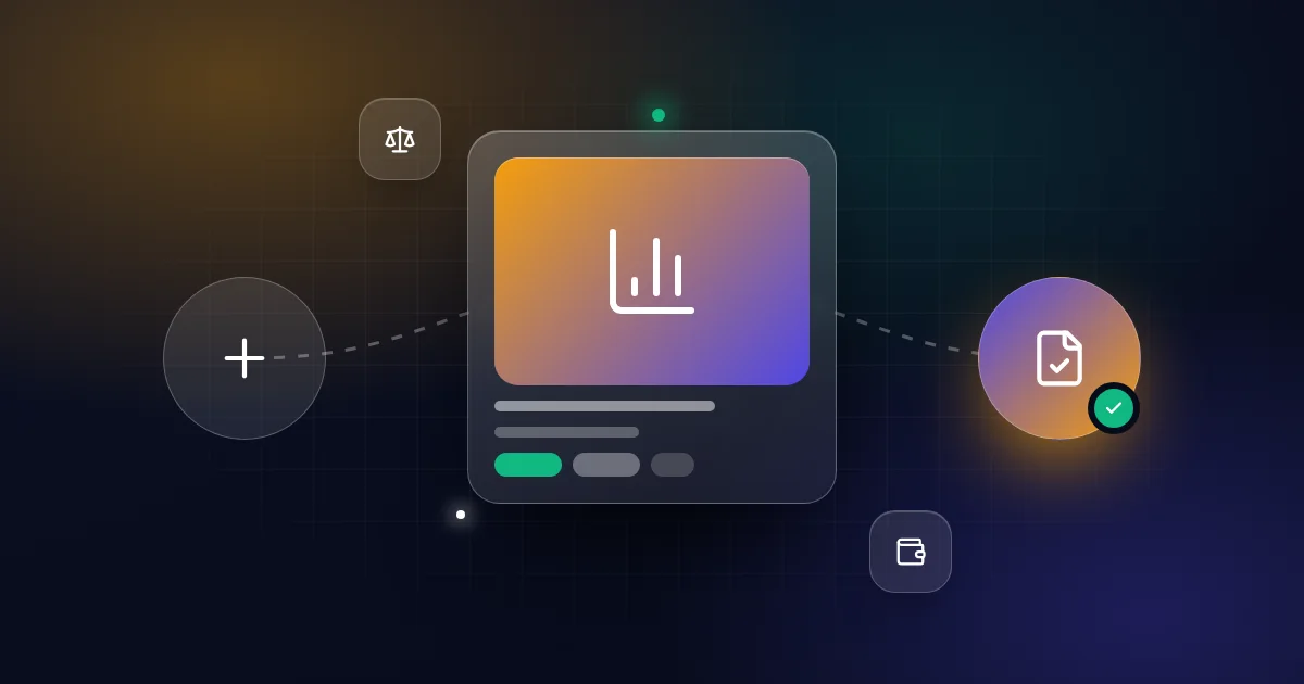 Add-backs: a chart card with plus, document check, scales and wallet icons on a dark background