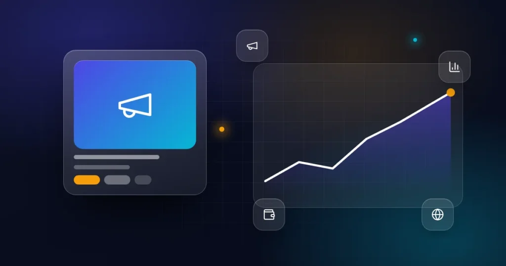 AdSense website for sale: a megaphone card with chart, wallet and globe icons on a dark background