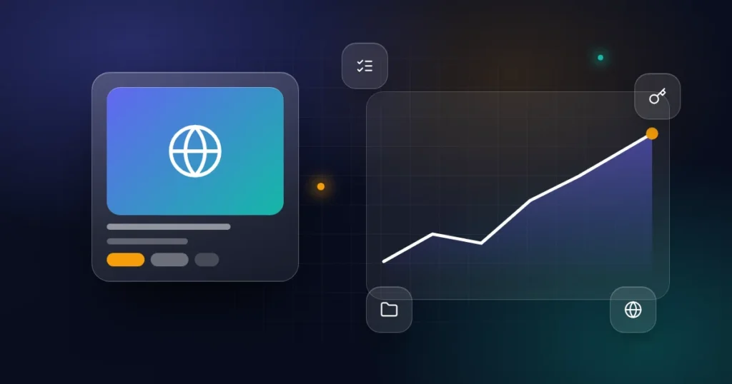Asset transfer checklist: a website card with checklist, key, folder and globe icons on a dark background