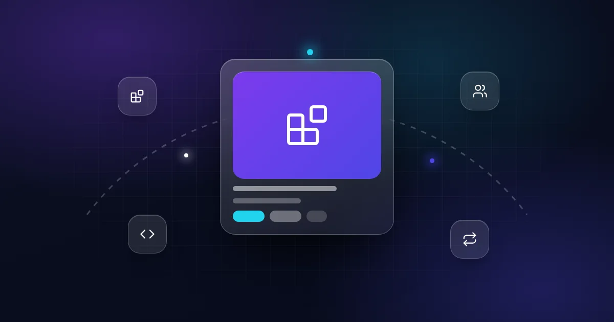 Browser extension for sale: a blocks card with users, code and transfer icons on a dark background