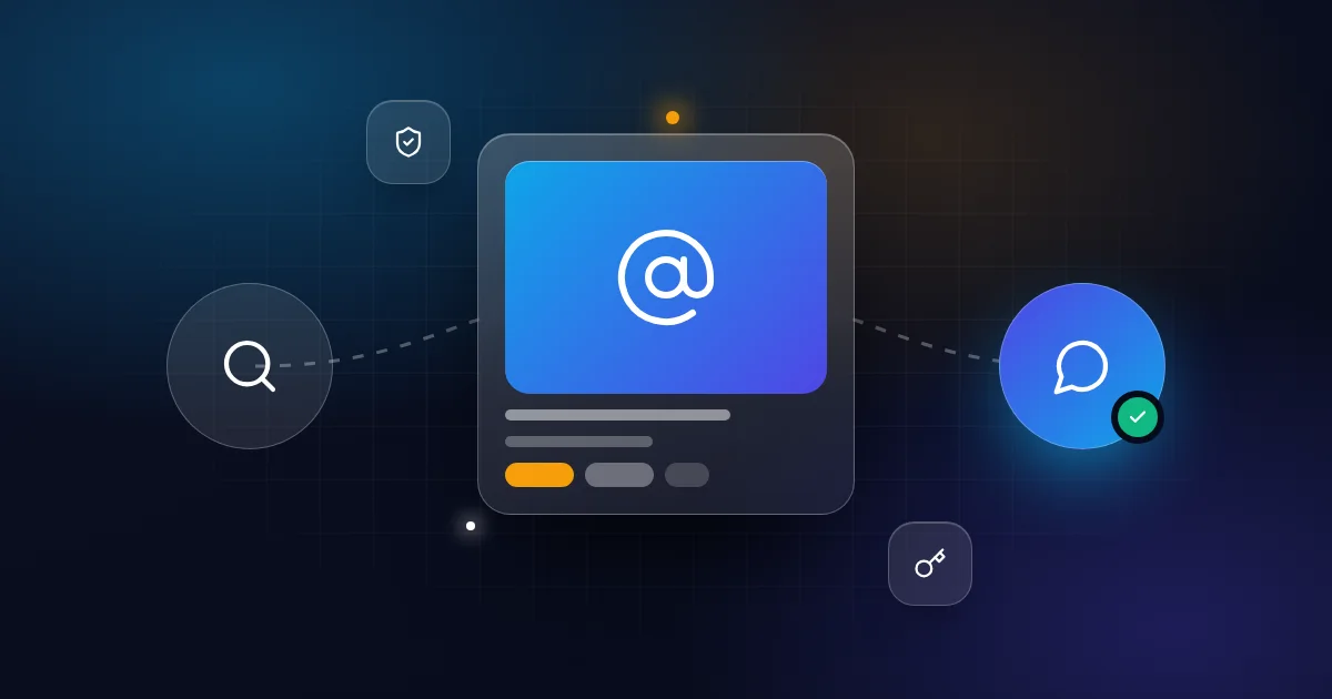 Buying a domain name that is already taken: a domain card with search, message, protection and key icons