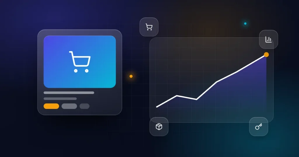 Buying a Shopify store: a shopping cart card with chart, package and key icons on a dark background