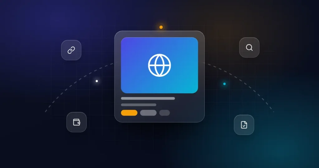 Buying an affiliate website: a website card with link, search, wallet and document check icons on a dark background