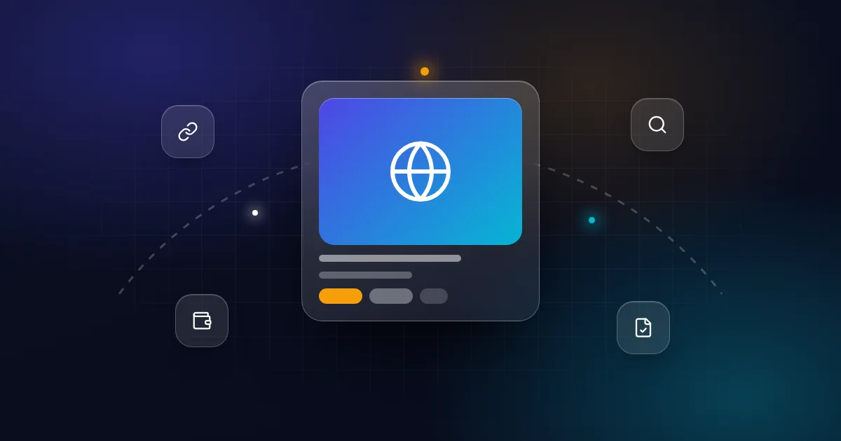 Buying an affiliate website: a website card with link, search, wallet and document check icons on a dark background