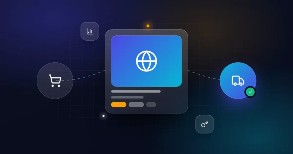 Buying an ecommerce store: a website card with shopping cart, delivery truck, chart and key icons on a dark background