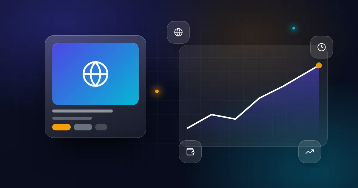Buying an established website vs building one: a website card with clock, wallet and growth icons on a dark background