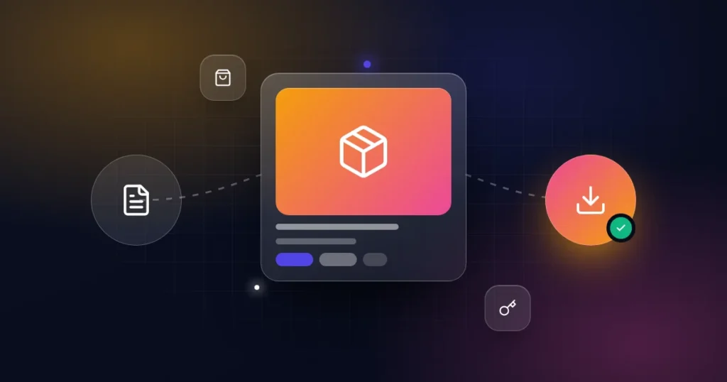 Buying a digital product business: a product card with document, download, shopping bag and key icons on a dark background