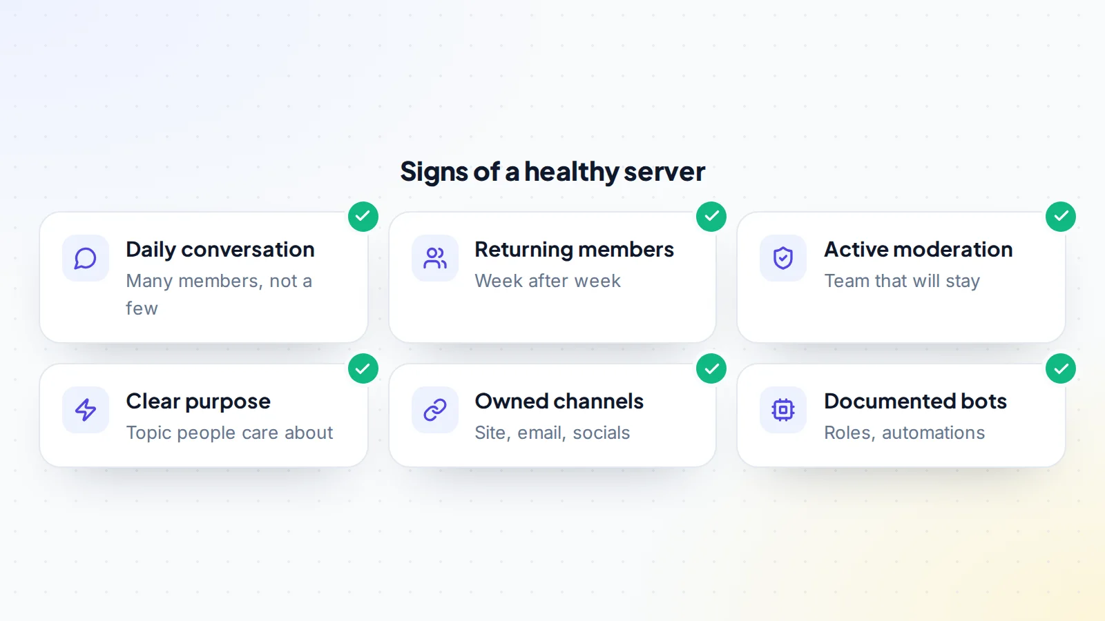 Six signs of a healthy Discord server: daily conversation across many members, returning members, an active moderation team that will stay, a clear purpose, owned channels such as a website and email list, and documented bots and automations