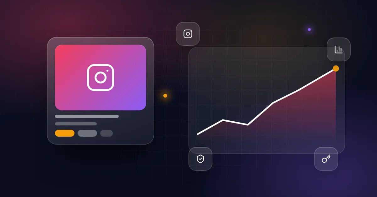 Buying an Instagram account: a profile card with chart, shield and key icons on a dark background