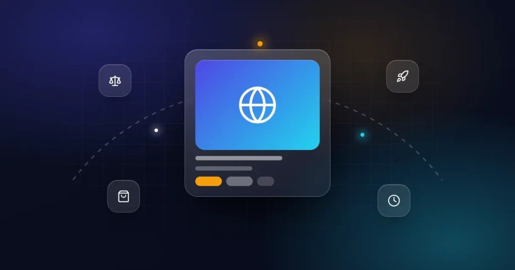 Buying vs starting an online business: a website card with scales, rocket, shopping bag and clock icons on a dark background
