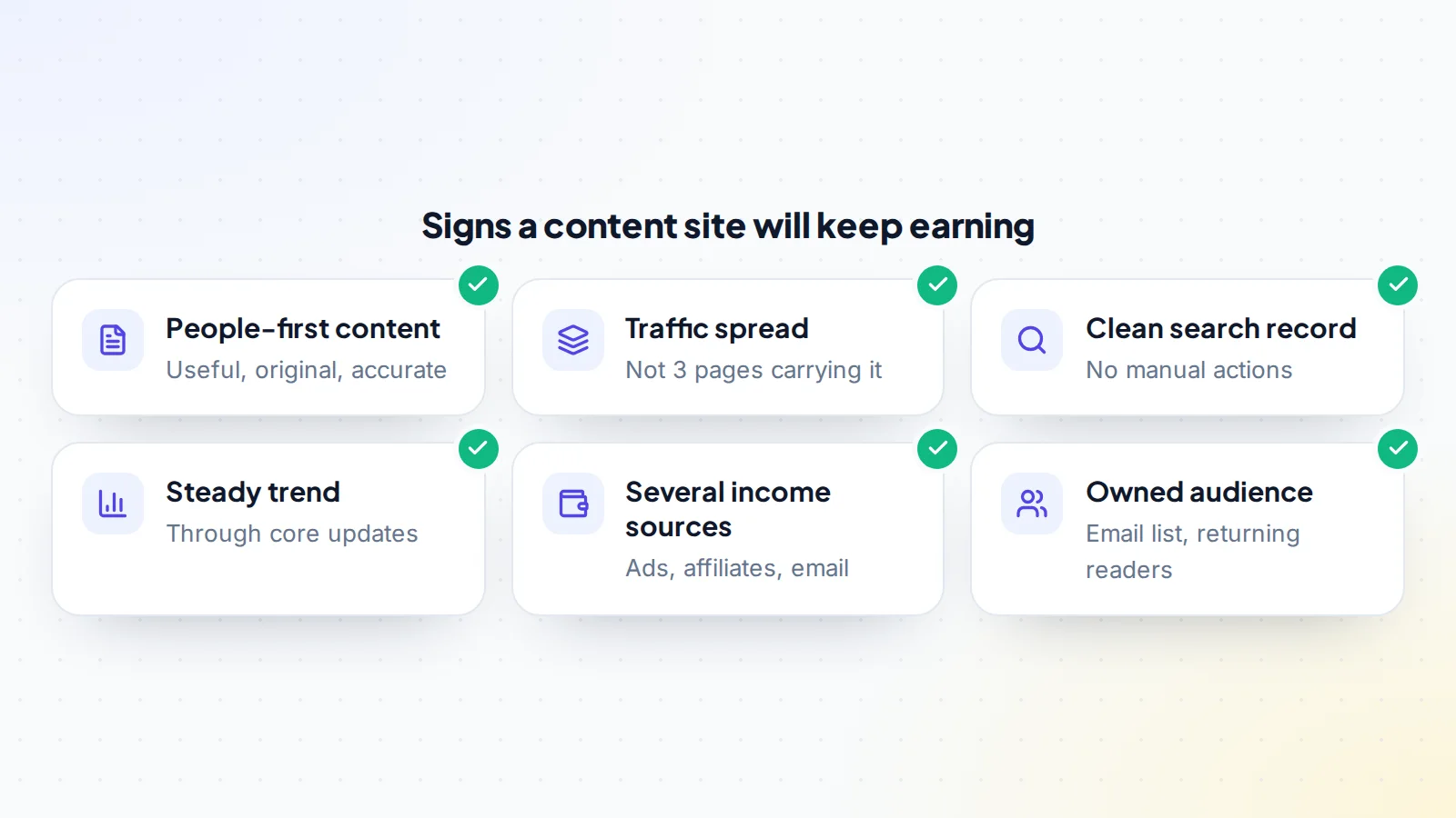 Six signs a content website will keep earning: people-first content, traffic spread across many pages, a clean search record, a steady trend through core updates, several income sources and an owned audience