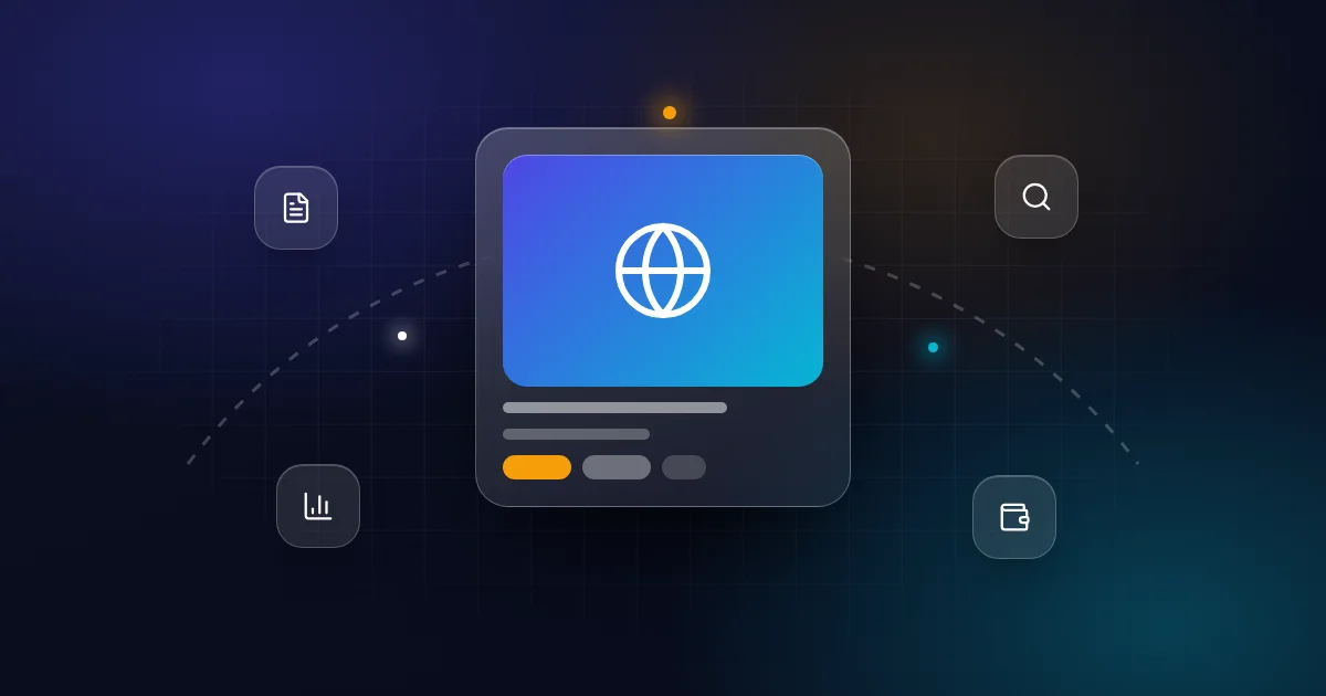 Buying a content website: a website card with article, search, chart and wallet icons on a dark background