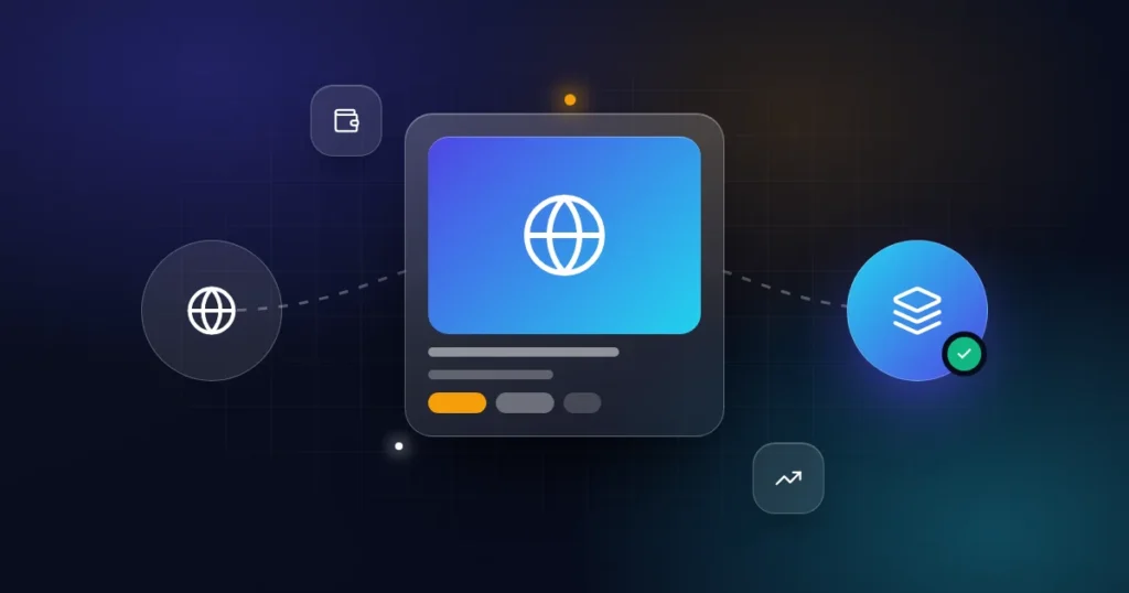 Digital real estate explained: a globe card with layers, wallet and rising trend icons on a dark background