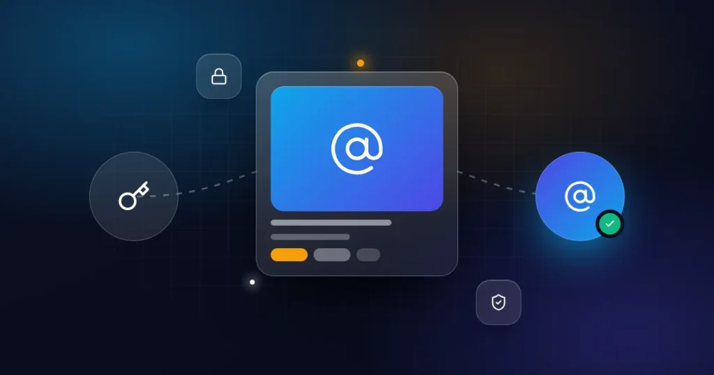 Domain auth code: a domain card with key, at-sign, lock and shield icons on a dark background