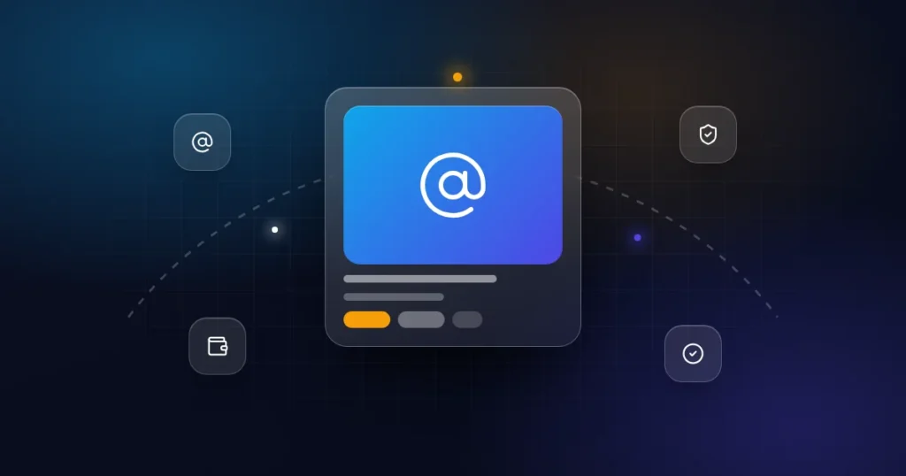 Domain escrow: a domain card with at-sign, shield, wallet and check icons on a dark background