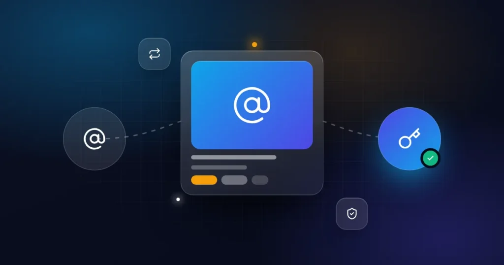 Domain transfer process: a domain card with at-sign, key, transfer arrows and shield icons on a dark background