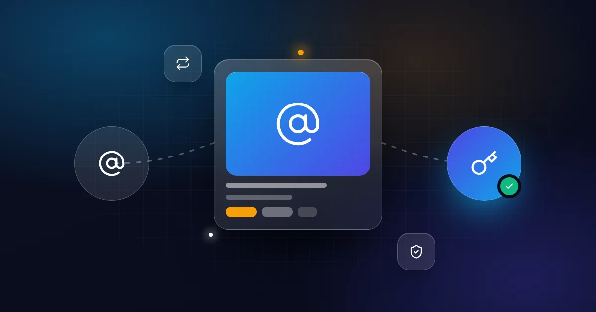 Domain transfer process: a domain card with at-sign, key, transfer arrows and shield icons on a dark background