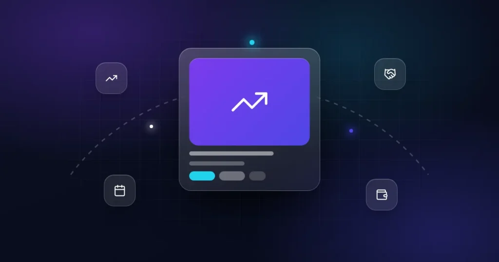 Earn-out: a trending-up card with handshake, calendar and wallet icons on a dark background