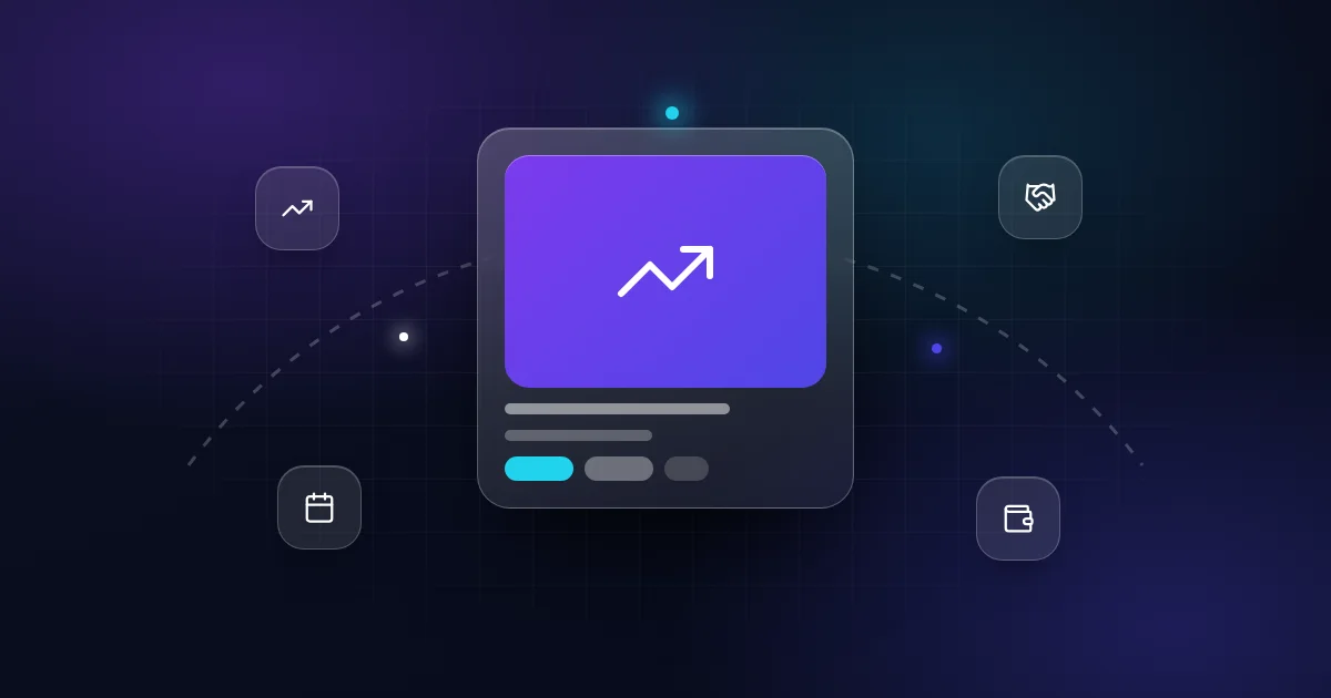Earn-out: a trending-up card with handshake, calendar and wallet icons on a dark background