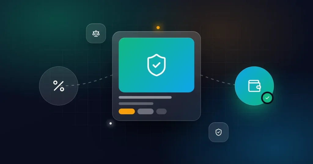 Escrow fees explained: a protective shield card with percentage, wallet, balance and protection icons on a dark background