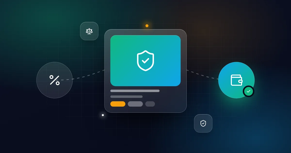 Escrow fees explained: a protective shield card with percentage, wallet, balance and protection icons on a dark background