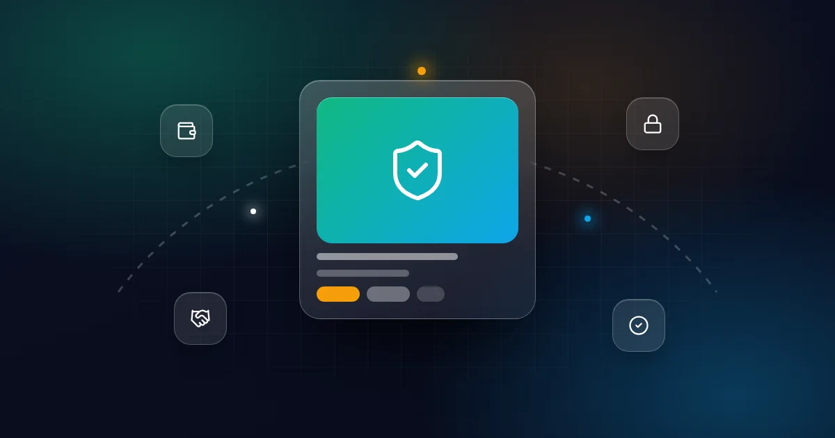 Online business escrow: a protective shield card with wallet, lock, handshake and check icons on a dark background