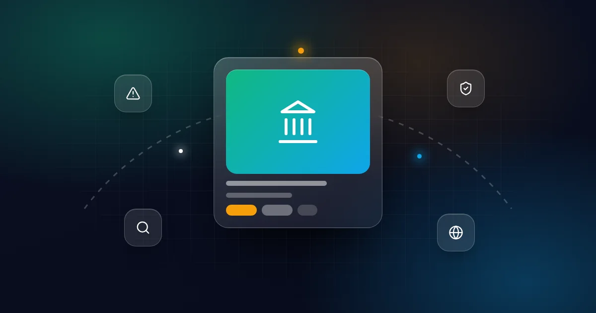 Fake escrow scam: a payment card with warning, shield, magnifier and globe icons on a dark background