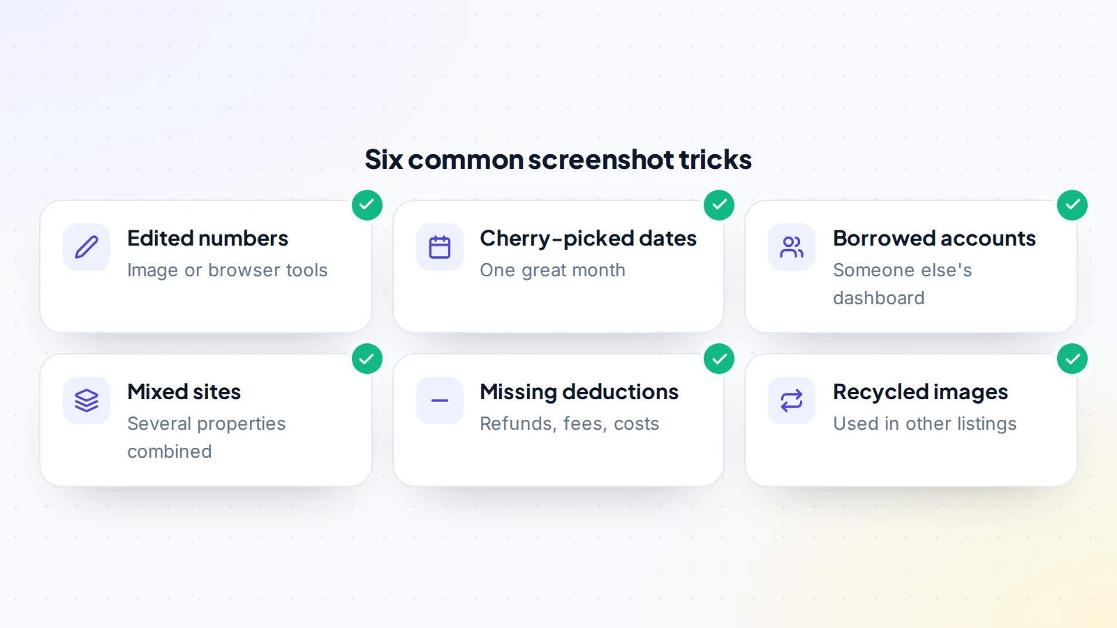 Six common tricks with revenue and traffic screenshots: edited numbers, cherry-picked date ranges, dashboards borrowed from other accounts, several sites combined, missing refunds and costs, and images recycled from other listings