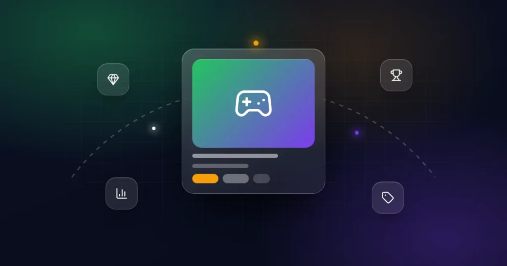 Game account value: a game controller card with rare item, trophy, chart and price tag icons on a dark background