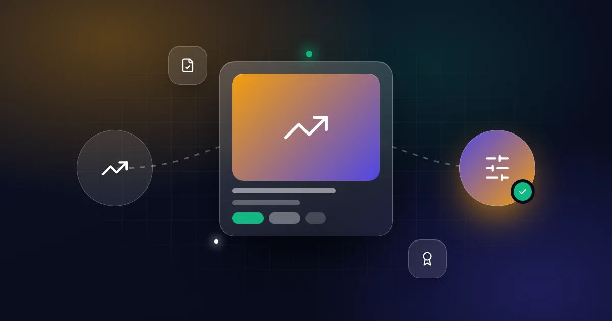Increasing an online business's value before a sale: a rising chart card with sliders, document and award icons on a dark background