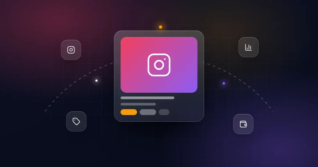 Instagram account value: a profile card with chart, price tag and wallet icons on a dark background