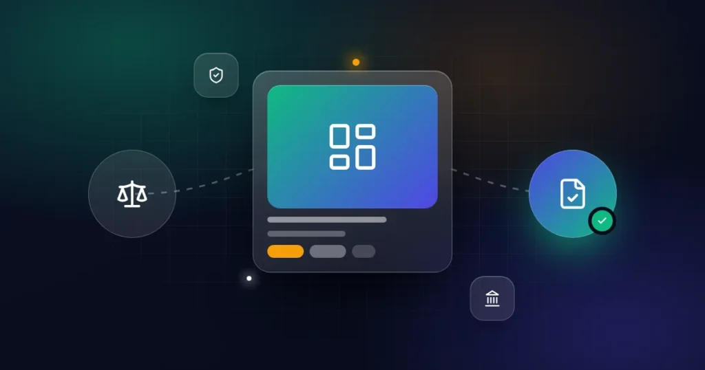 Legal due diligence: a dashboard card with scales, document check, shield and institution icons on a dark background