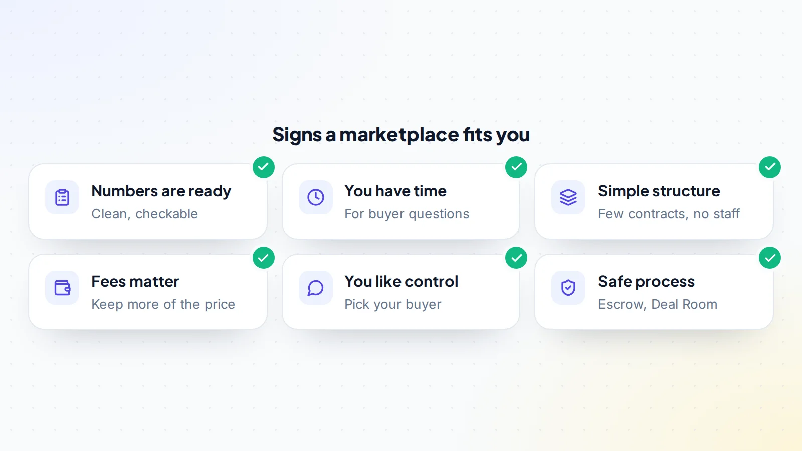 Signs that selling through a marketplace suits you: your numbers are ready, you have time, the business is simple, fees matter to you, you like control and the marketplace offers a safe process