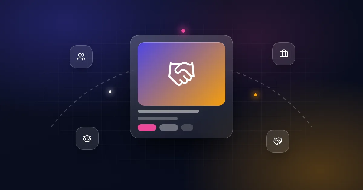 Marketplace vs broker: a handshake card with people, briefcase, balance and agreement icons on a dark background
