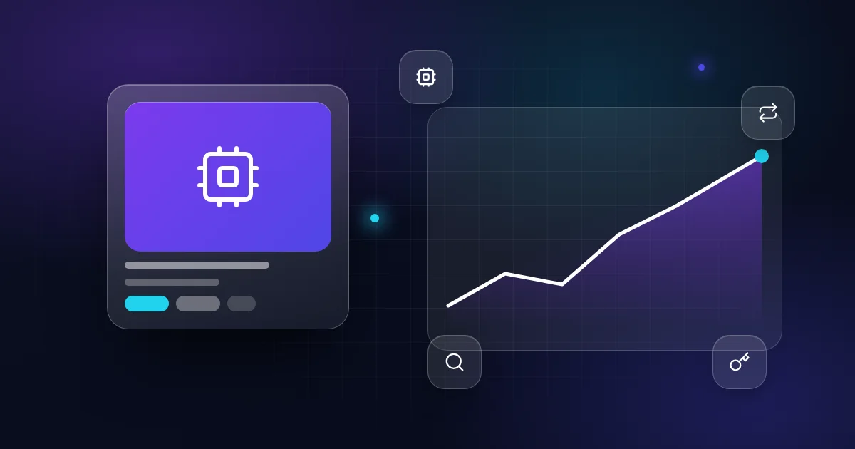 Micro SaaS for sale: a software card with chip, recurring, magnifier and key icons on a dark background