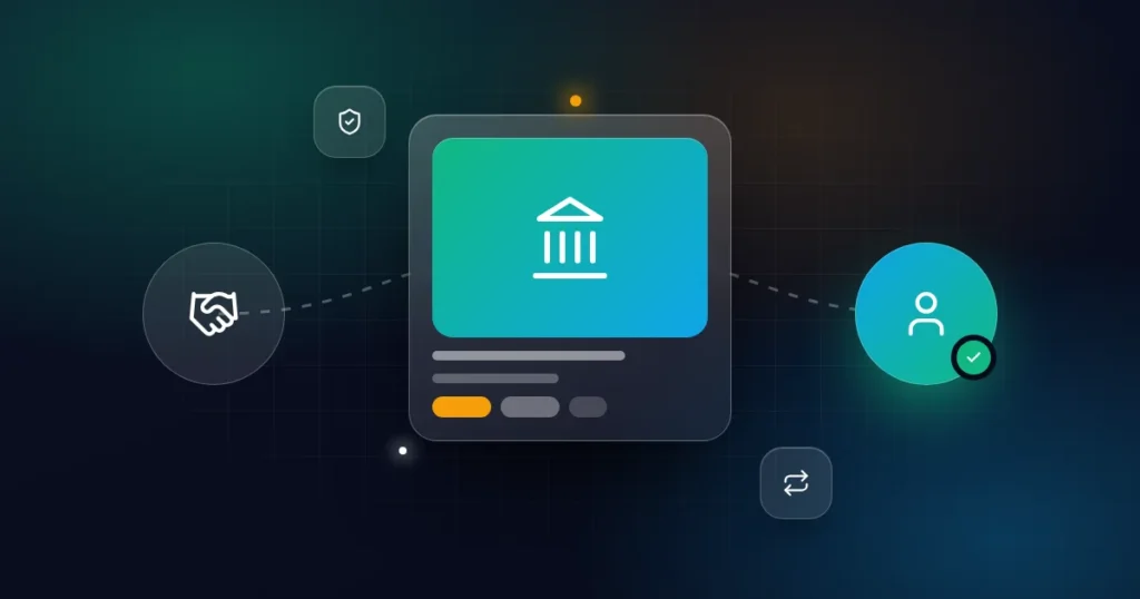 Middleman service: a deal card with handshake, person, shield and transfer icons on a dark background