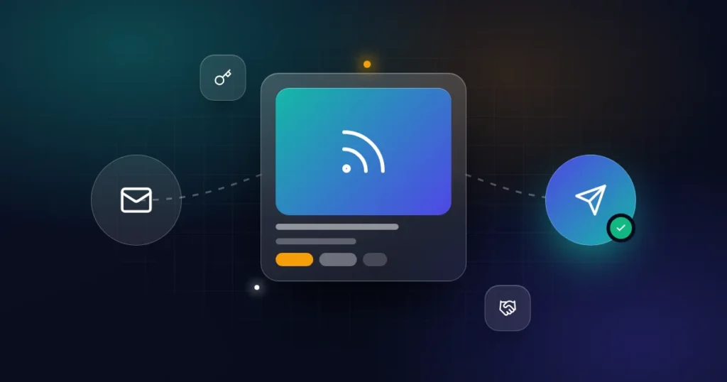 Newsletter transfer: a newsletter card with mail, send, key and handshake icons on a dark background