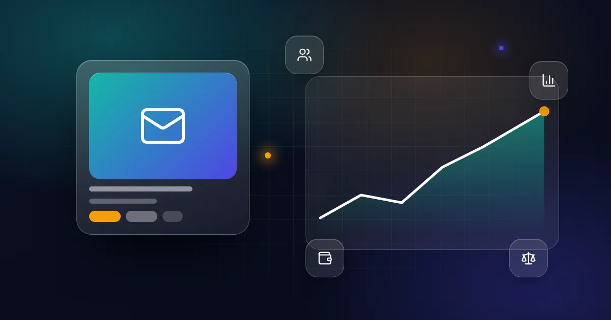 Newsletter valuation: an email card with subscribers, chart, wallet and balance icons on a dark background