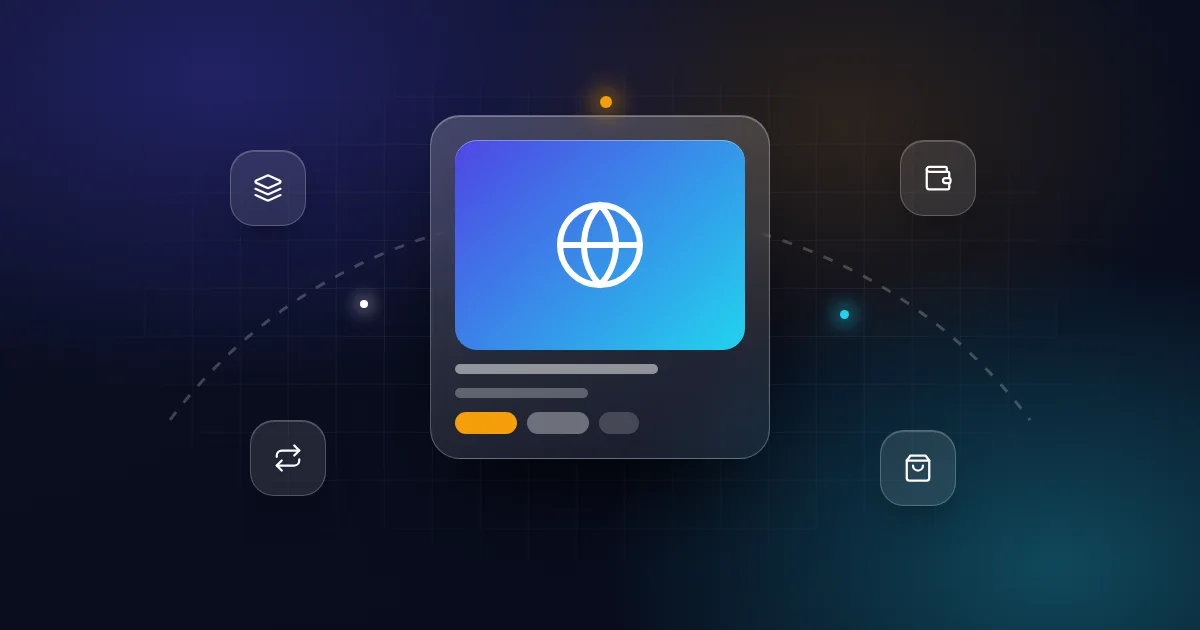 Online business models: a website card with layers, wallet, recurring and shopping bag icons on a dark background