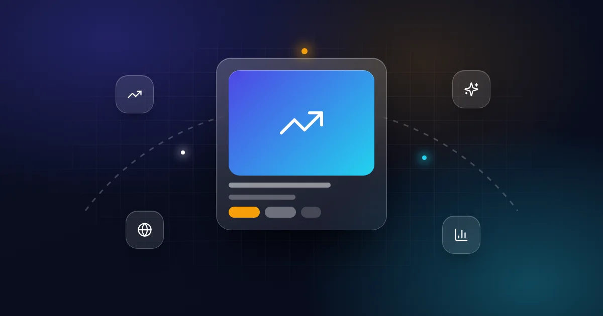 Online business trends: a growth card with sparkle, globe and chart icons on a dark background