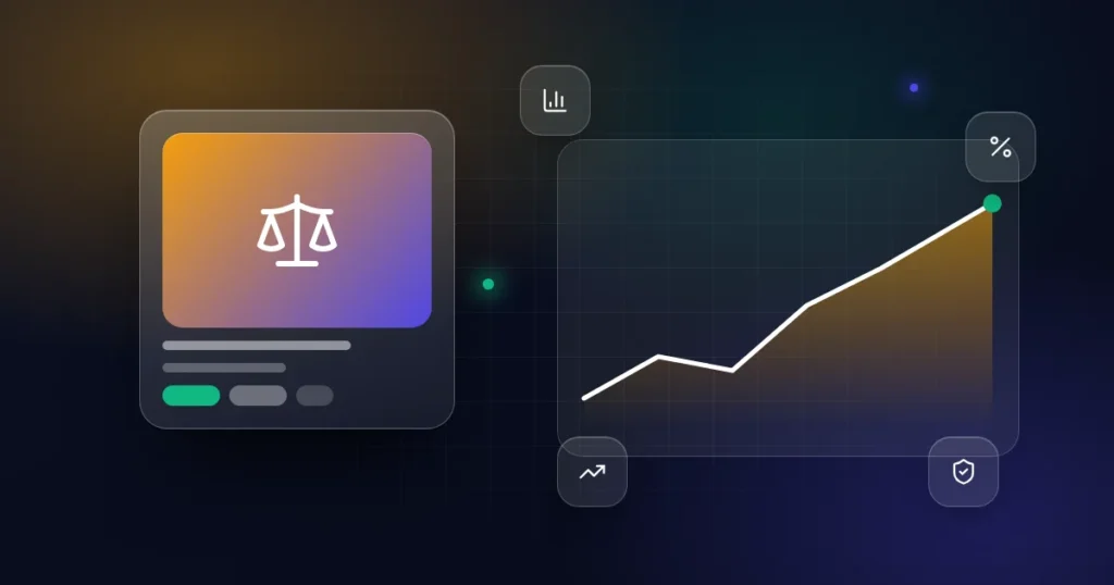 Online business valuation: a balance scale card with chart, percentage, growth and protection icons on a dark background