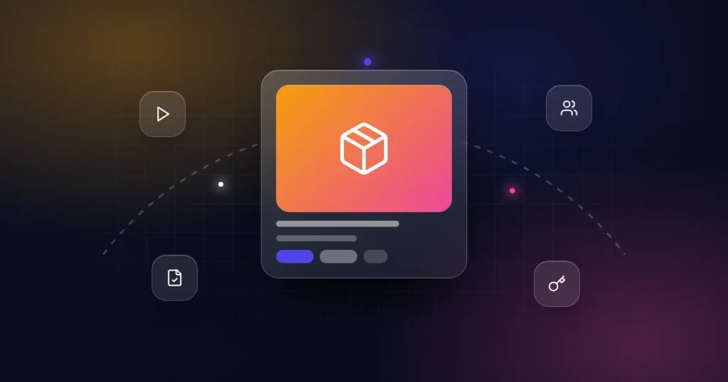 Buying an online course business: a course card with video, students, ownership document and key icons on a dark background
