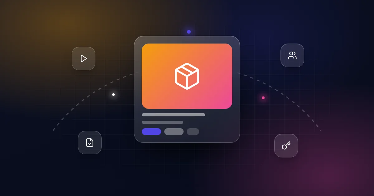 Buying an online course business: a course card with video, students, ownership document and key icons on a dark background