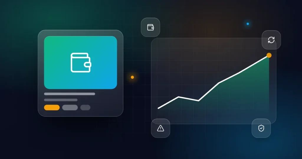 Paying for an online business with crypto: a wallet card with exchange, alert and shield icons on a dark background