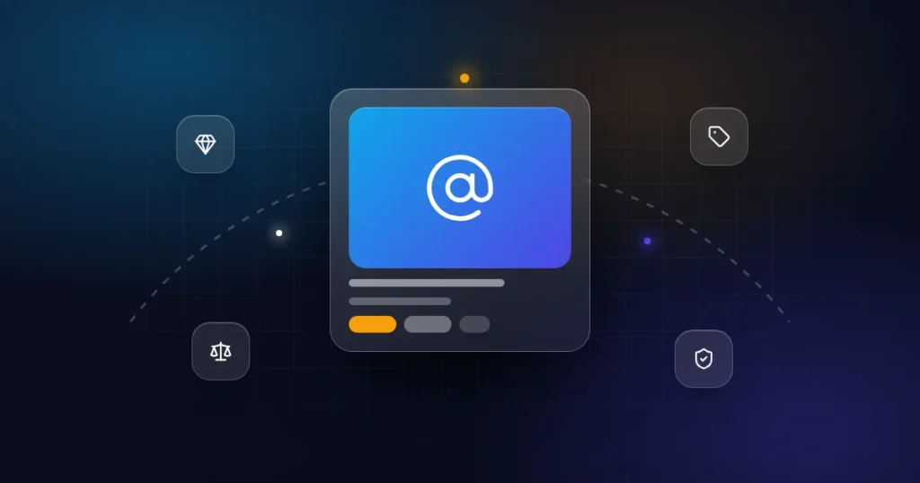 Premium domains: a domain card with gem, price tag, balance and protection icons on a dark background