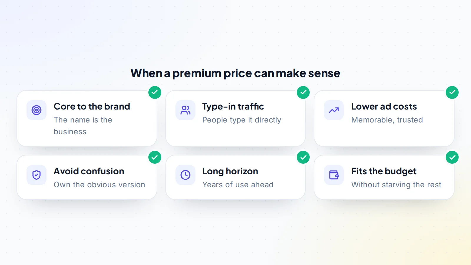 When paying a premium domain price can make sense: the name is core to the brand, it brings type-in traffic, it lowers marketing costs, it avoids confusion, you will use it for years and it fits the budget