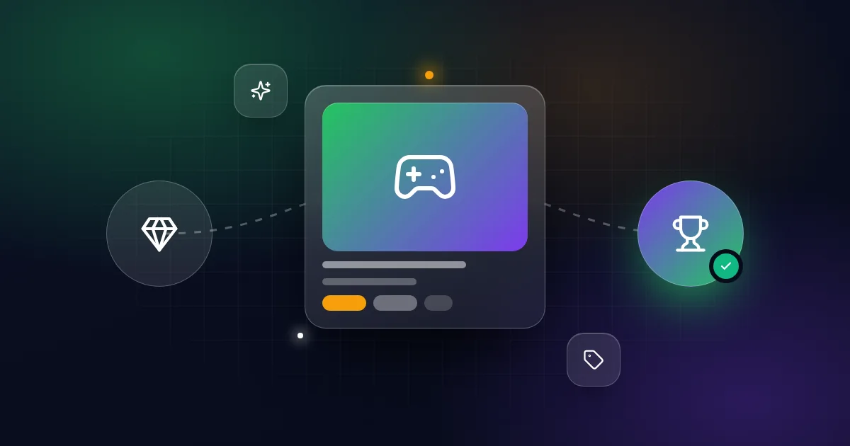 Rare skins and items: a game controller card with gem, trophy, sparkle and price tag icons on a dark background