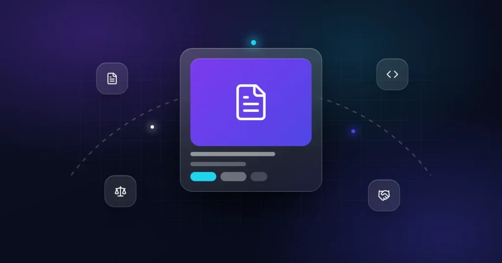 SaaS asset purchase agreement: a document card with code, scale and handshake icons on a dark background