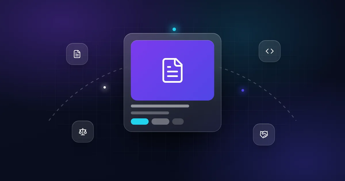 SaaS asset purchase agreement: a document card with code, scale and handshake icons on a dark background