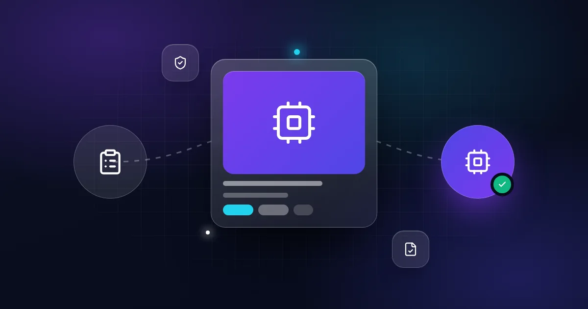 SaaS due diligence: a software card with checklist, chip, shield and document icons on a dark background